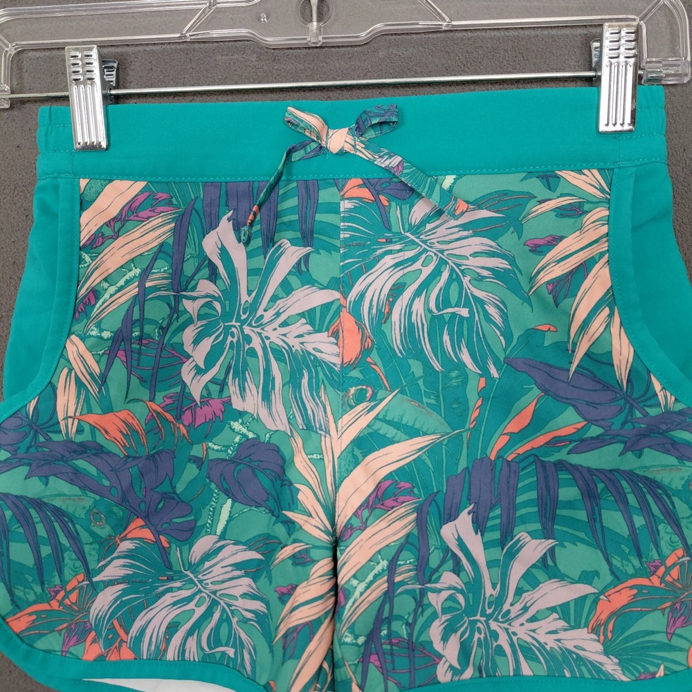 Columbia Kids‎ 7/8 Girls Teal Tropical Palm Sporty Shorts Pockets Elastic Waist
